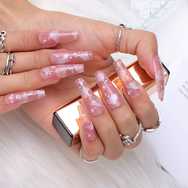 Photo 1 of  24Pcs Glossy Nude Cloud Press on Nails Pink Snowflake