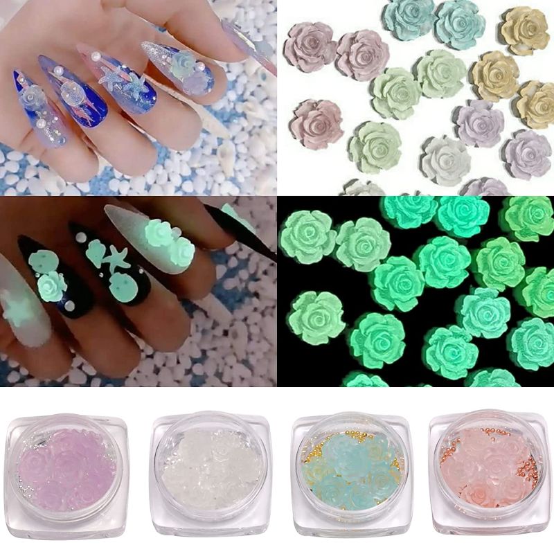 Photo 1 of 3D Flowers for Nails 28pcs 4 Colors Big Luminous Rose Charms with Pearls and Caviar Beads for DIY Acrylic Nail Art Decorative Supplies
