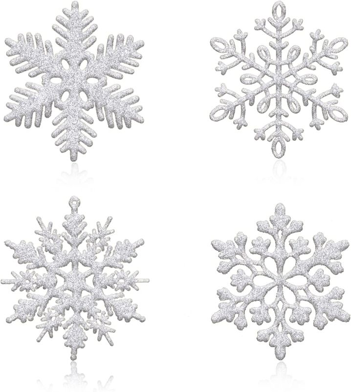 Photo 1 of 36pcs Silver Glitter Snowflake Ornaments, 4 Inch Plastic Snowflake Hanging Decorations 
