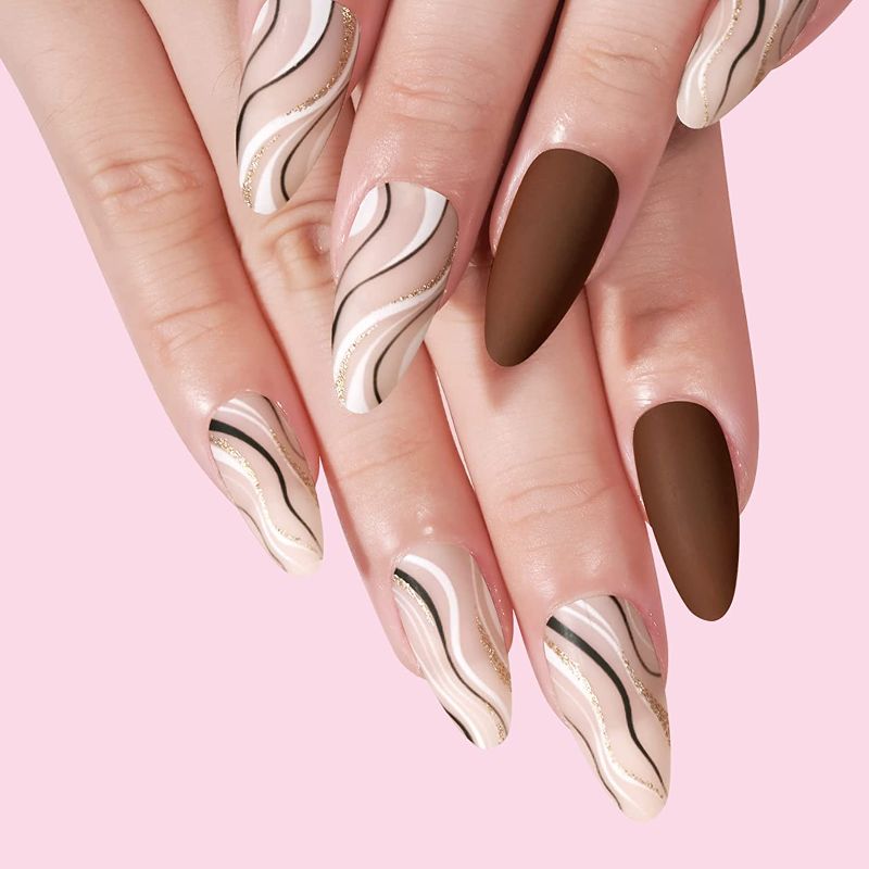 Photo 1 of  ECBASKET 24pcs Press On Nails Medium, Nude Swirl Glue On Nails, Reusable Stick on Nail Kit