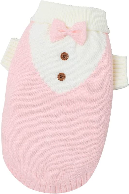 Photo 1 of Dog Sweater with Bow Tie Dog Turtleneck Sweaters Knitted Pet Sweater Soft Warm Vest Knitwear Dog Clothes Suit for Fall Winter Cold Weather (L,Pink)
