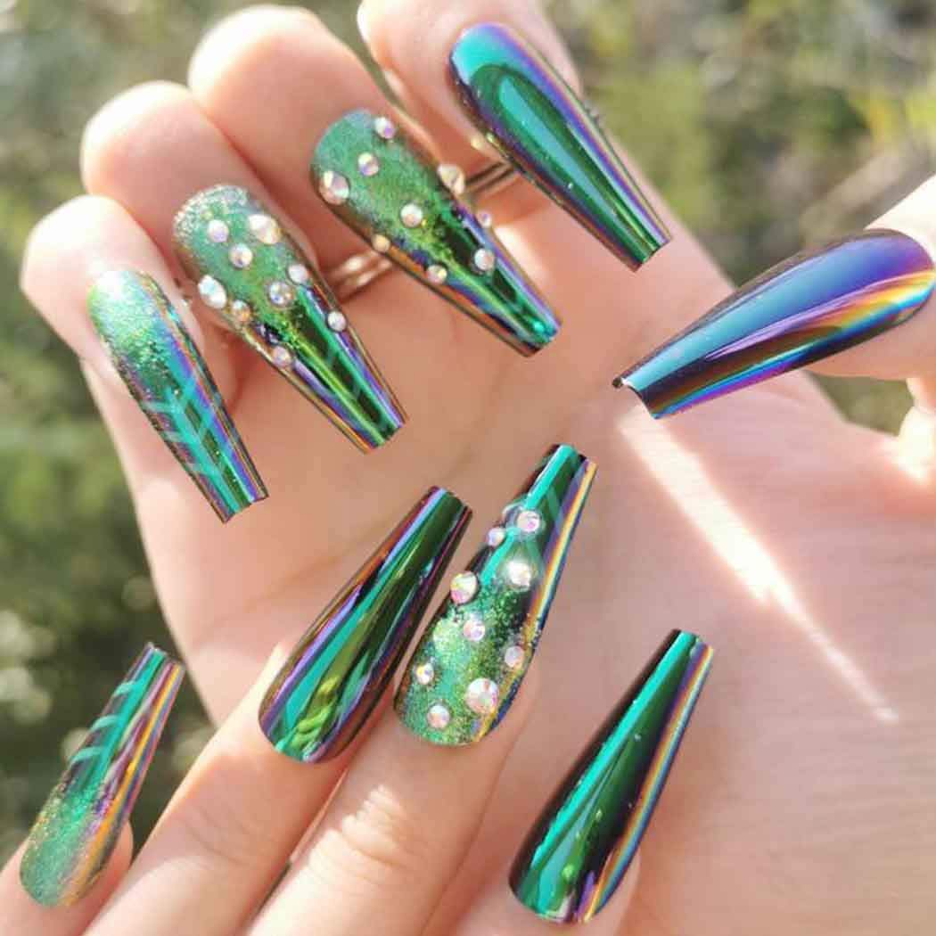 Photo 1 of  Rhinstone Super Long Fake Nails Coffin Green Press on Nails  (Green Crystal)
