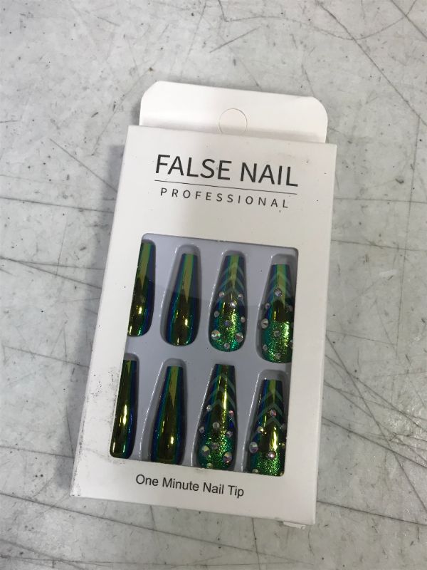 Photo 2 of  Rhinstone Super Long Fake Nails Coffin Green Press on Nails  (Green Crystal)
