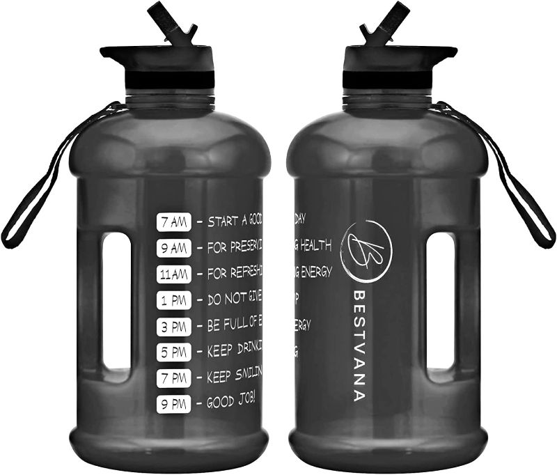 Photo 1 of  Half Gallon Water Bottle with straw to Drink - Water Jug Sports Water Bottle with Time Marker for Gym - Motivational Water Bottle - Large Water Bottle-64 oz Water Bottle - Black
