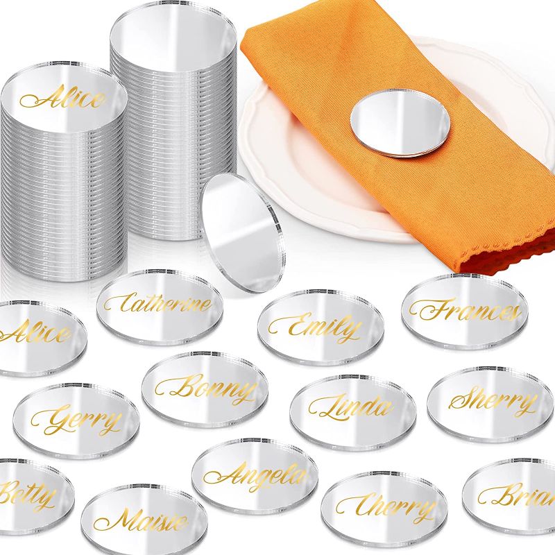 Photo 1 of 50 Pieces Round Acrylic Place Cards,2.4 x 2.4 Inch DIY Round Acrylic Tiles Table Number Holders Acrylic Name Plate Blanks for Wedding Reception Party Banquet Table Setting Decor (Silver)
