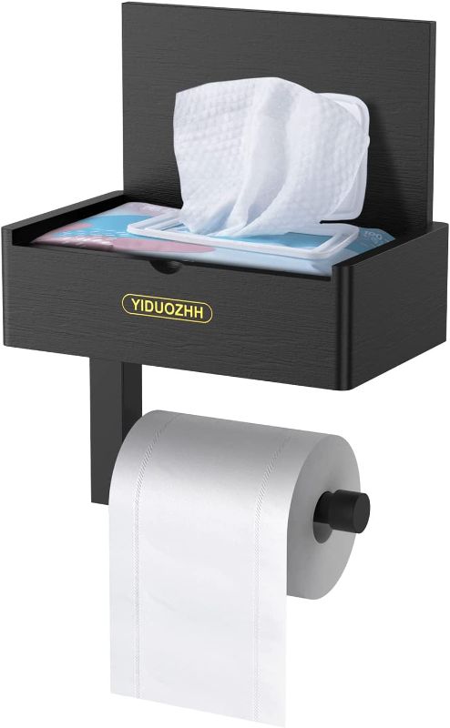 Photo 1 of YIDOUZHH Wooden Black Toilet Paper Holder with Shelf, Wall Mount Flushable Wet Wipes Dispenser with Storage, Keep Your Wipes Hidden Out of Sight, Rustic Tissue Roll Holders for Bathroom ?Large?
