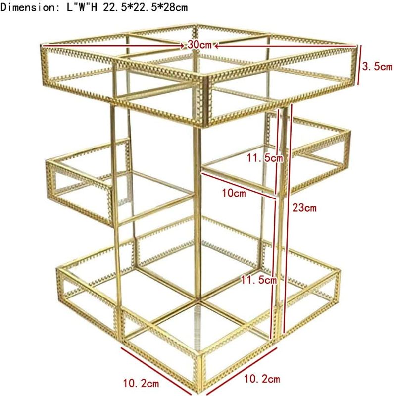 Photo 2 of 360 Degree Rotation Makeup Organizer Antique Countertop Cosmetic Storage Box Mirror Glass Beauty Display, Gold Spin Large Capacity Holder for Brushes Lipsticks Skincare Toner