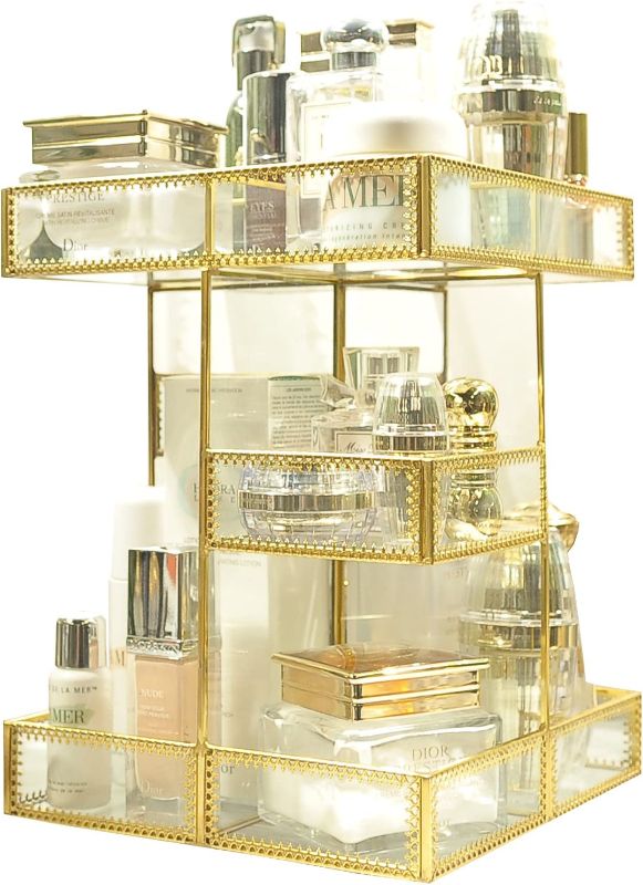 Photo 1 of 360 Degree Rotation Makeup Organizer Antique Countertop Cosmetic Storage Box Mirror Glass Beauty Display, Gold Spin Large Capacity Holder for Brushes Lipsticks Skincare Toner