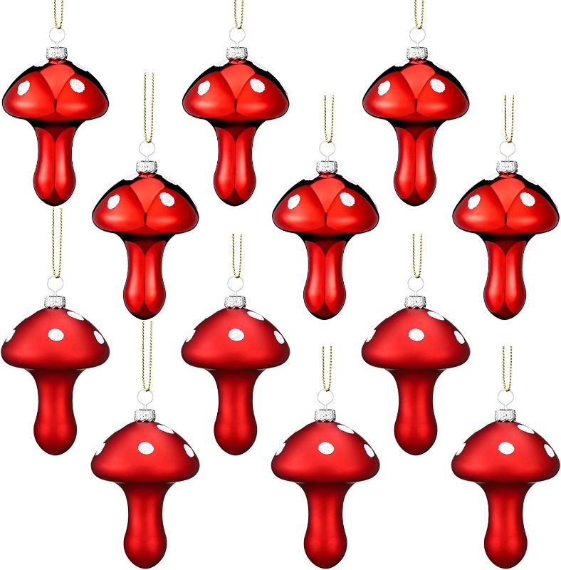 Photo 1 of 12 Pcs Mushroom Christmas Ornament Plastic Mushroom Hanging Decor Red and White Polka Dot Mushroom Ornament Christmas Tree Decoration Hanging Ornaments, Glossy and Matte
