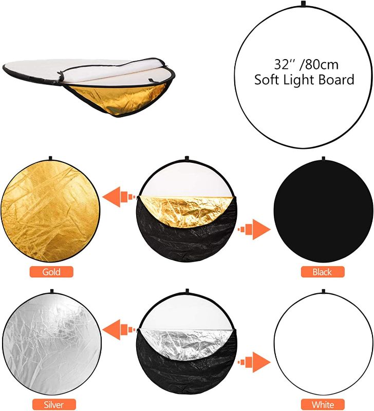 Photo 1 of Photography Reflector with Clip 32 Inch 5 in 1 Photo Light Collapsible Diffuser with Bag & Reflector Holder for Studio Photography Outdoor Lighting Translucent Silver Gold White Black 32inch/80cm