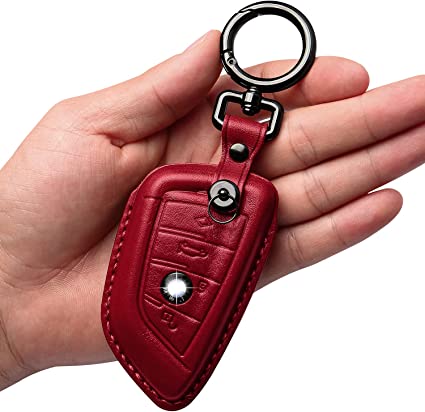 Photo 1 of Key Fob Cover for BMW, Genuine Leather Key Fob Case Replacement for BMW 2 5 6 7 Series X1 X2 X3 X5 X6 Remote Control Key, Anti-dust Full Protection Keychains Accessories for Men and Women, Red With "H"