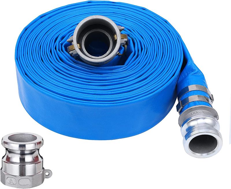 Photo 1 of 2" x 50ft PVC Lay Flat Discharge Hose With Aluminum Camlock C & E Fittings, Cam Lock Fitting Type A included, Heavy Duty Reinforced Pump Backwash Hose Assembly
