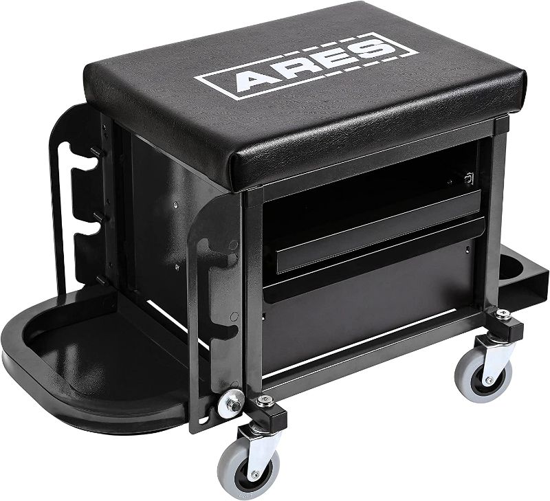 Photo 1 of ARES 62029 – Black Heavy Duty Multi-Function Mechanic’s Rolling Seat - Square Shop Stool with Padded Seat Cushion, Tool Storage Drawer and Tray – Rugged Steel Construction Holds Up to 350 LB
