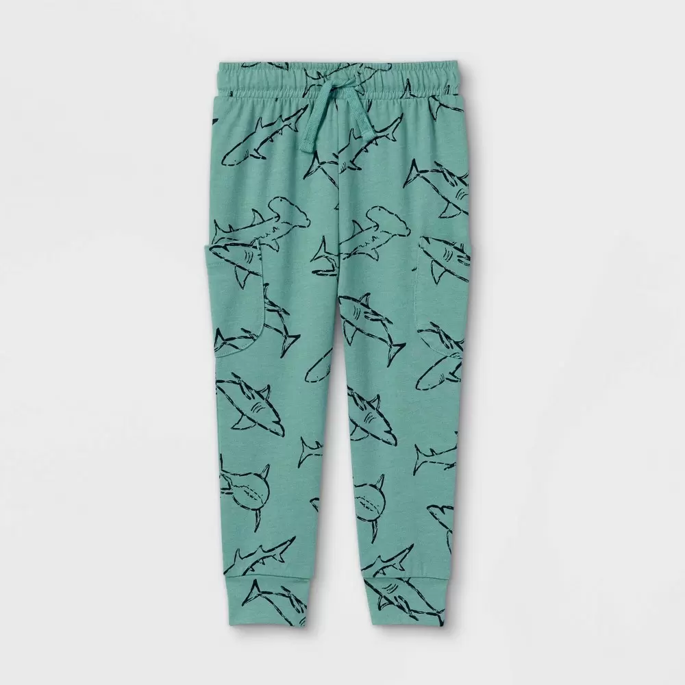 Photo 1 of 4T---Toddler Boys' Shark Print Jersey Knit Jogger Pull-On Pants - Cat & Jack Teal 
