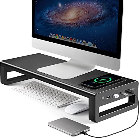 Photo 1 of Vaydeer USB3.0 Wireless Charging Aluminum Monitor Stand Riser Support Transfer Data and Charging,Keyboard and Mouse Storage Desk Organizer up to 27inch for Computer MacBook PC (Black?