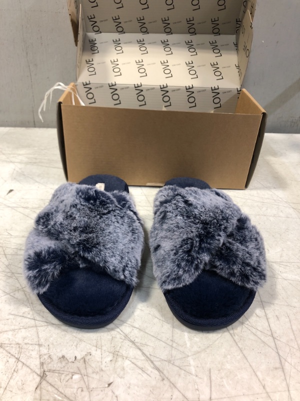 Photo 7 of Cozy Bliss Women's Faux Fur Slippers Cross Band Open Toe Breathable Fuzzy Fluffy House Slippers Memory Foam Anti-Skid Sole Indoor Outdoor Slippers 7-8 Navy Marl (FACTORY SEALED OPENED FOR PHOTOS)