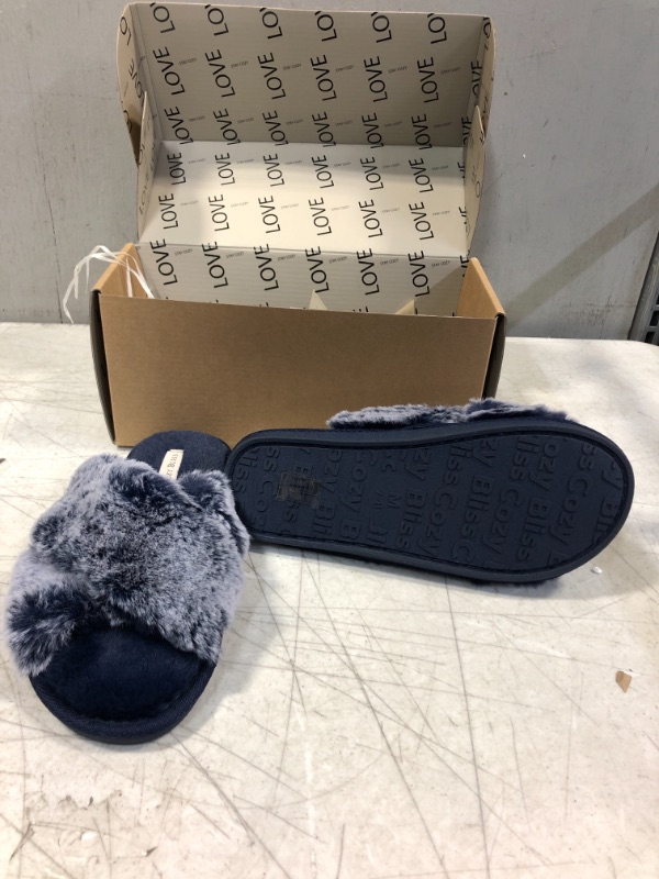 Photo 5 of Cozy Bliss Women's Faux Fur Slippers Cross Band Open Toe Breathable Fuzzy Fluffy House Slippers Memory Foam Anti-Skid Sole Indoor Outdoor Slippers 7-8 Navy Marl (FACTORY SEALED OPENED FOR PHOTOS)