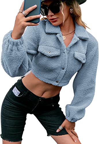 Photo 1 of Simplee Women's Fuzzy Fleece Jacket Cropped Button Down Lapel Sherpa Coat Outwear Size Large