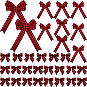 Photo 1 of 32 Pieces Buffalo Plaid Bows Christmas Wreath Gingham Ribbon Bows Mini Checkered Ribbon Flowers for DIY Crafts Christmas Tree Home Party Decoration Supplies, 9 x 12/5 x 7/3 x 5 Inch (Red Black)