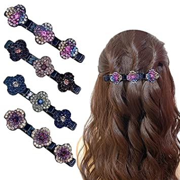 Photo 1 of 12PCS Sparkling Crystal Stone Braided Hair Clips, Four-Leaf Clover Chopped Hairpin Duckbill Clip with 3 Small Clips, Braided Hair Clip with Rhinestones for Women/Girls (A-12PCS)