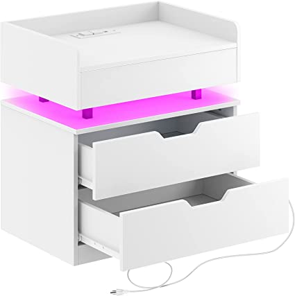 Photo 1 of 2 drawer White bedside table with cubby storage with LED white light measurements 67*52*19CM (SIMLIAR TO STOCK PHOTO) (FACTORY SEALED OPENED FOR PHOTOS)