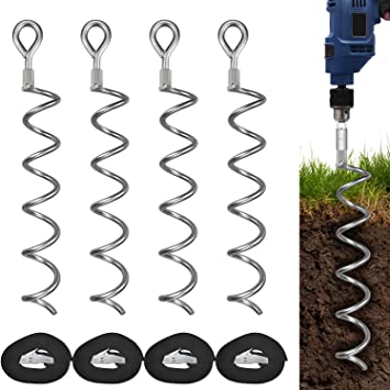 Photo 1 of 16.2 Inch Spiral Ground Anchor Heavy Duty Earth Anchor Kit for Tents, Trampoline, Garden Fence, Sheds, Swings, Canopies, Dog tie Out Stake (Silver 4 Pack)(SIMILAR TO STOCK PHOTO)