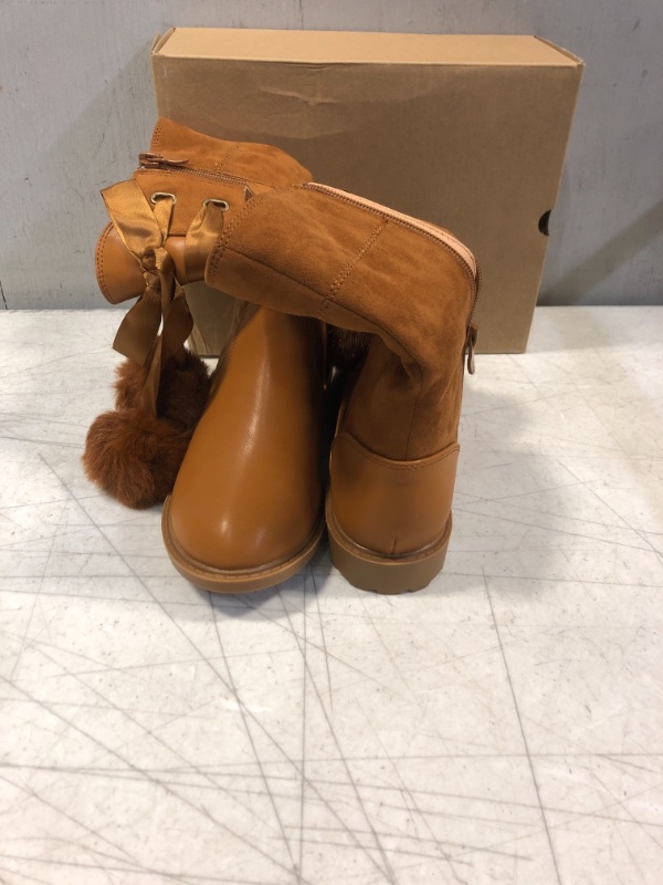 Photo 5 of Coutgo Girls' Boots Mid Calf Lug Sole Side Zipper Winter Boot with Bowknot Pom-poms 3 Little Kid Brown