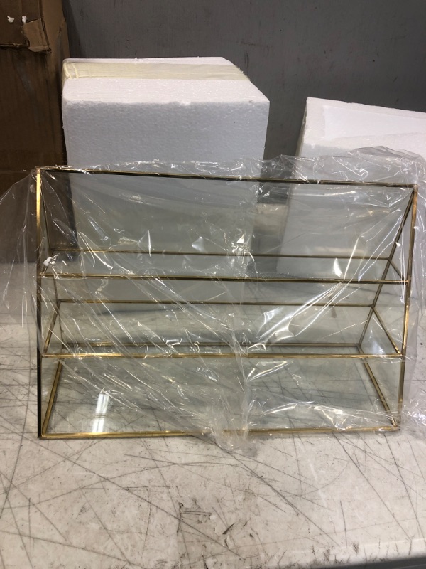Photo 3 of 3-Tier Glass Triangular Prism Shaped Jewelry Stand, Home or Retail Display Showcase with Vintage Style Brass Tone Metal Frame (Large) Large (Pack of 1) (FACTORY SEALED OPENED FOR PHOTOS)