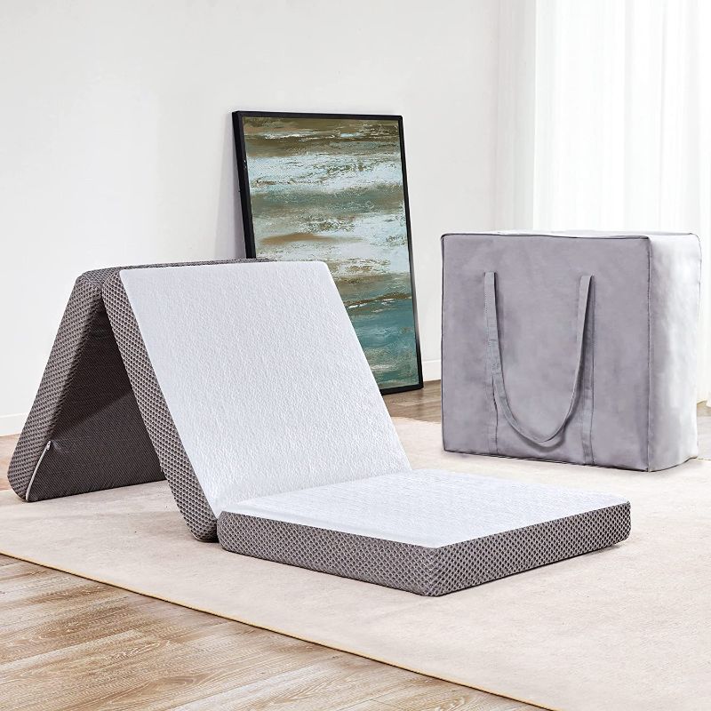Photo 1 of Kingfun Memory Foam Folding Mattress, 4 Inch Gel-Infused Foldable Floor Mattress, Breathable Tri-fold Mattress Topper with Bamboo Cover, Soft Folding Foldable Portable Floor Guest Bed (Single)