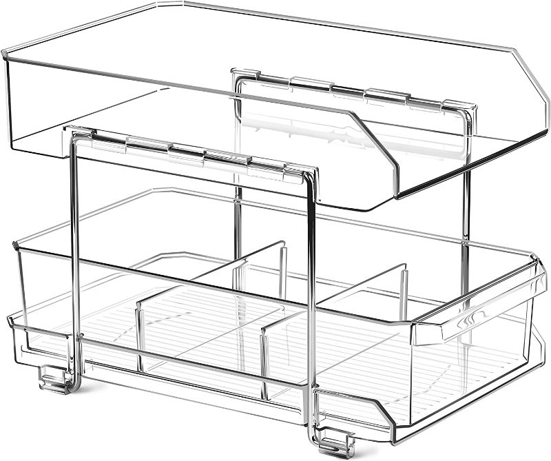 Photo 1 of Simetufy 2 Tier Clear Organizer with Dividers, Multi-Purpose Slide-Out Bathroom Vanity Countertop Closet Organization, Under Sink Organizers and Storage, Kitchen Pantry Medicine Cabinet Bins,
