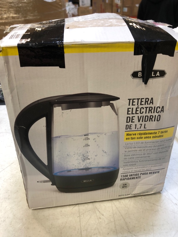 Photo 6 of BELLA 1.7 Liter Glass Electric Kettle, Quickly Boil 7 Cups of Water in 6-7 Minutes, Soft Blue LED Lights Illuminate While Boiling, Cordless Portable Water Heater, Carefree Auto Shut-Off, Black Black Kettle / FUNCTION IS UNKNOWN / PACKAGING HAS MINIMUM DAM