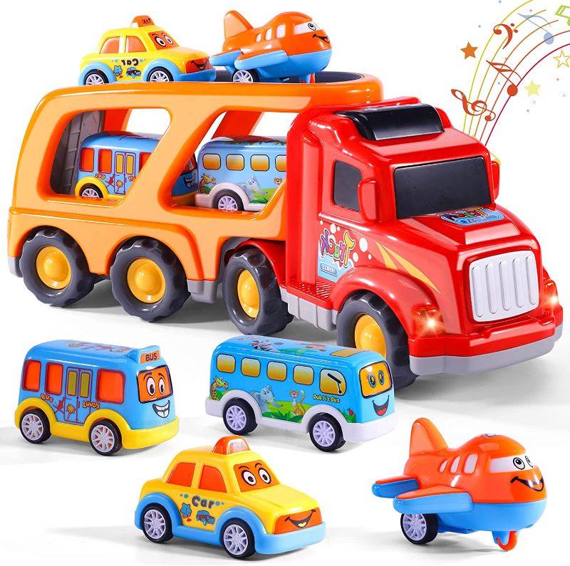 Photo 1 of iHaHa Car Toys for Toddlers Boys, 5 in 1 Carrier Truck Transport Vehicles Car Toys for 1 2 3 4 5 6 Year Old Boys Toddlers Holiday Birthday Gifts, Car Trucks Friction Power Toys with Light Sound FACTORY  SEALED 
