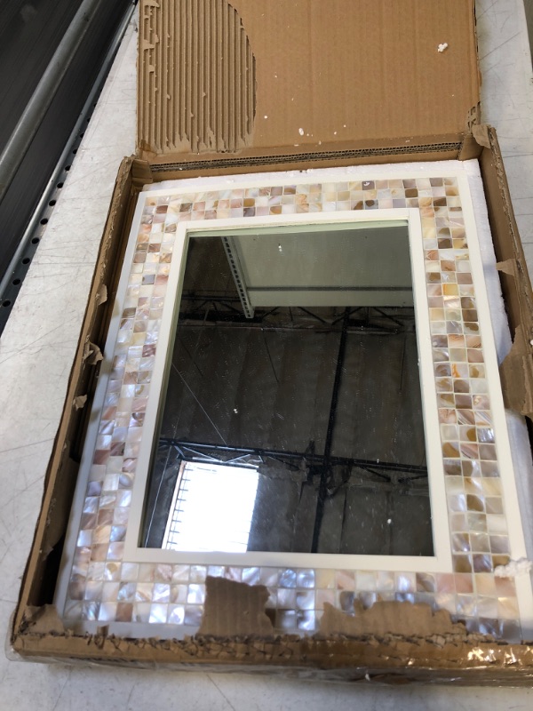 Photo 1 of Tanmicoshomy Rectangle Bathroom Wall Mirror 16x20 Inch Handmade Natural Mother of Pearl and Wood Frame, Mosaic Inlay Vanity Mirror White 16x20INCH