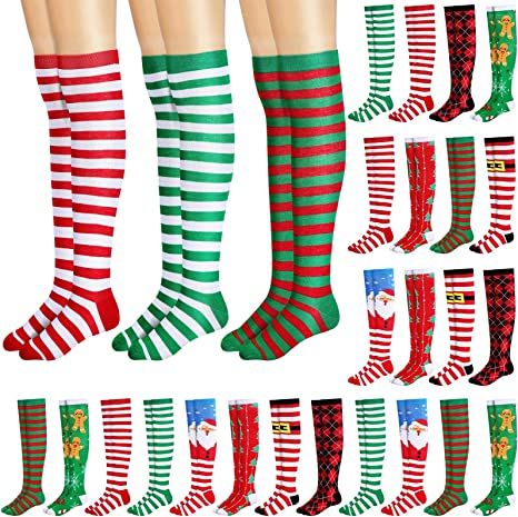 Photo 1 of 27 Pairs Christmas Thigh High Socks Women Christmas Knee High Socks Bulk Xmas Socks Gifts Novelty Thigh High Socks for Women Girls Xmas Cosplay
