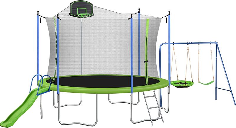 Photo 1 of ***BOX TWO OF THREE*** OEO 14FT Trampoline with Swing & Slide, Outdoor Round Jumping Trampoline w/ Basketball Hoop Enclosure Net and Ladder, Recreational Trampolines for Sports Fitness, Green