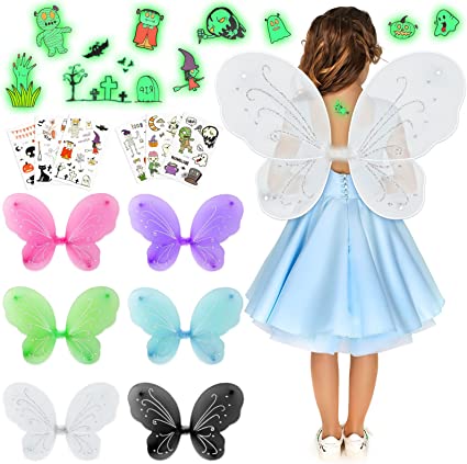 Photo 1 of Fairy Wings for Girls with Washable Halloween Tattoos, 6 Pack Sparkle Butterfly Wings for Girls, Halloween Black Fairy Wings Costume for Kids Birthday Party Favors Dress Up
