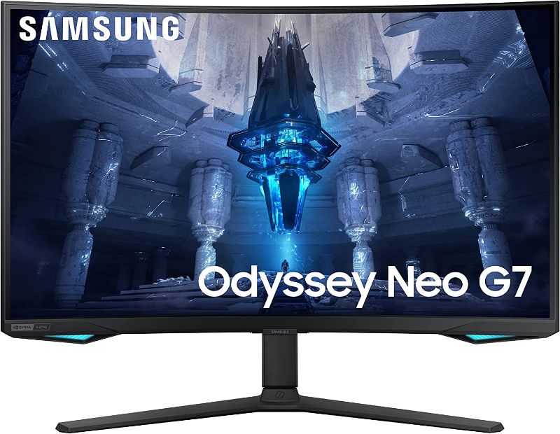 Photo 1 of missing power cord 
SAMSUNG 32" Odyssey Neo G7 4K UHD 165Hz 1ms G-Sync 1000R Curved Gaming Monitor, Quantum HDR2000, AMD FreeSync Premium Pro, Ultrawide Game View, DisplayPort, HDMI, Height Adjustable Stand, Black, 2022
