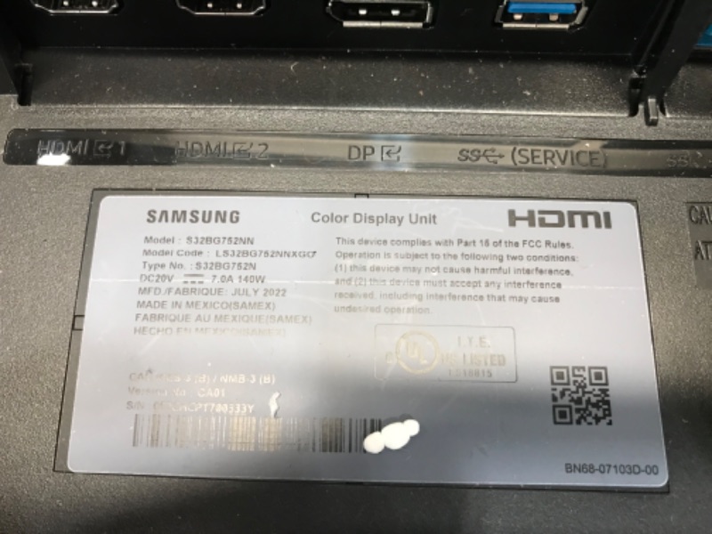 Photo 4 of missing power cord 
SAMSUNG 32" Odyssey Neo G7 4K UHD 165Hz 1ms G-Sync 1000R Curved Gaming Monitor, Quantum HDR2000, AMD FreeSync Premium Pro, Ultrawide Game View, DisplayPort, HDMI, Height Adjustable Stand, Black, 2022
