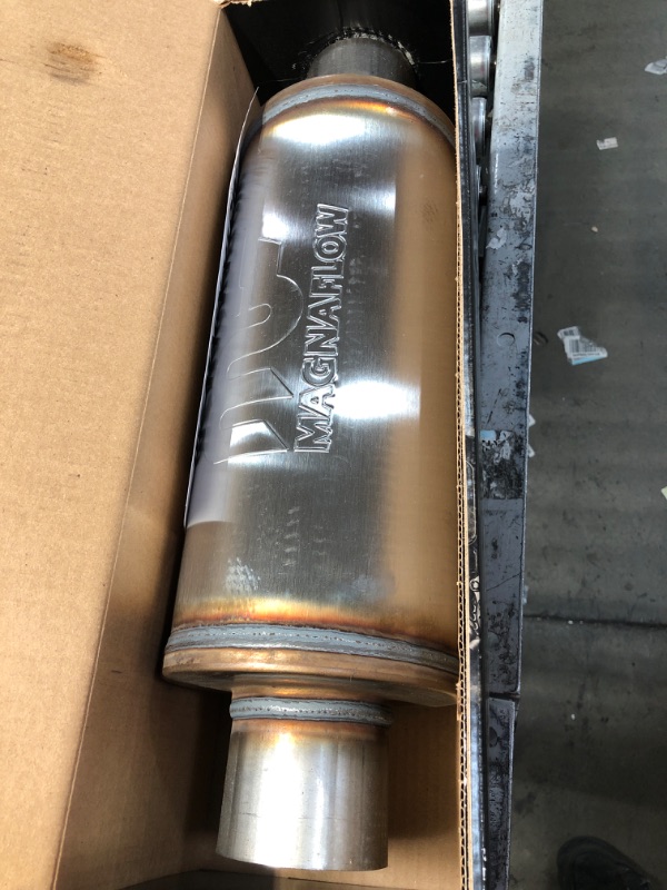 Photo 3 of MagnaFlow 6in Round Center/Center Performance Muffler Exhaust 12619 - Straight-Through, 3in Inlet/Outlet Diameter, 14in Body Length, 20in Overall Length, Satin Finish - Classic Deep Exhaust Sound