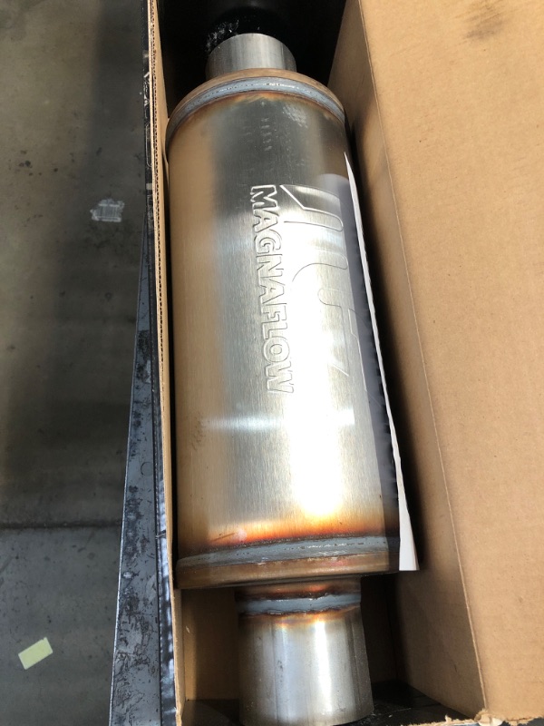 Photo 2 of MagnaFlow 6in Round Center/Center Performance Muffler Exhaust 12619 - Straight-Through, 3in Inlet/Outlet Diameter, 14in Body Length, 20in Overall Length, Satin Finish - Classic Deep Exhaust Sound