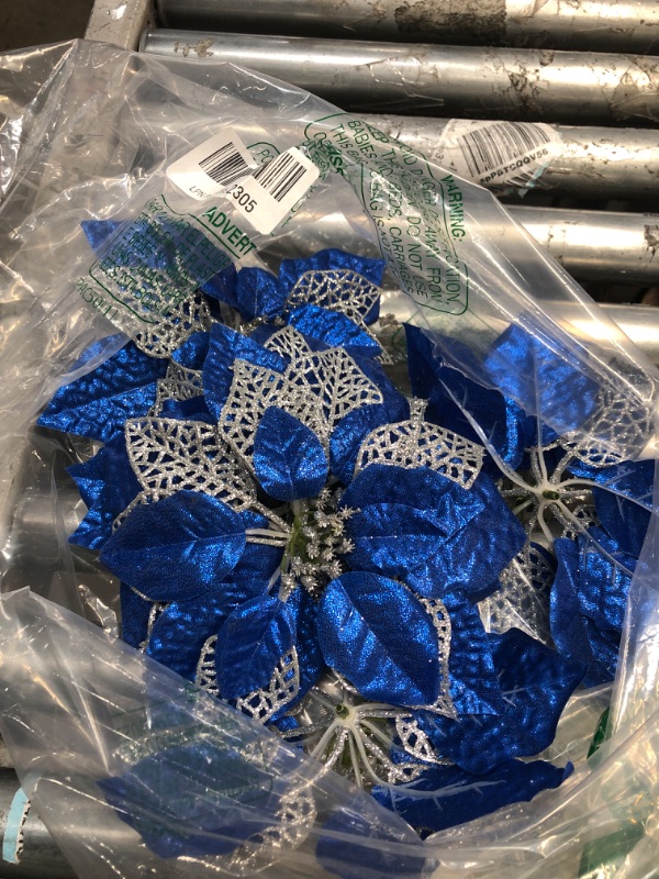 Photo 1 of 10 Pack Christmas Poinsettia Flowers Glitter Poinsettia Bushes Christmas Tree Flowers Christmas Poinsettia Ornament, Artificial Poinsettia Flowers Christmas Decorations-Royal Blue