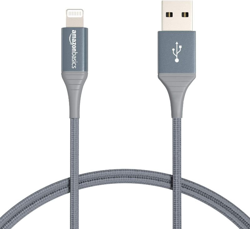 Photo 1 of Amazon Basics iPhone Charger Cable, Nylon USB-A to Lightning, MFi Certified, for Apple iPhone 14 13 12 11 X Xs Pro, Pro Max, Plus, iPad, 10,000 Bend Lifespan, gray, 1-Ft gray 1 ft 1-Pack Cable