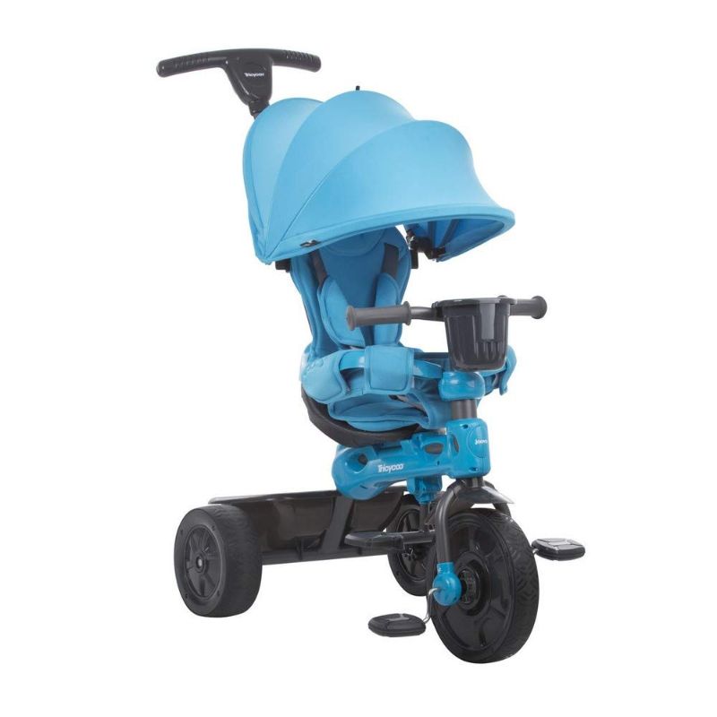 Photo 1 of Joovy 4.1 Kids Tricycle with 4-Stages Featuring Extra-Wide Front Tire, Removable and Adjustable Parent Handle, Safety Harness, Machine-Washable Seat Pad, and Retractable Canopy (Blue)