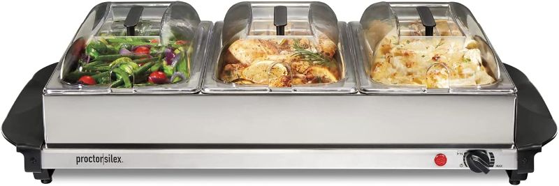 Photo 1 of  TESTED POWER DID COME ON Proctor-Silex Buffet Server & Food Warmer, Adjustable Heat, for Parties, Holidays and Entertaining, Three 2.5 Quart Oven-Safe Chafing Dish Set, Stainless Steel
