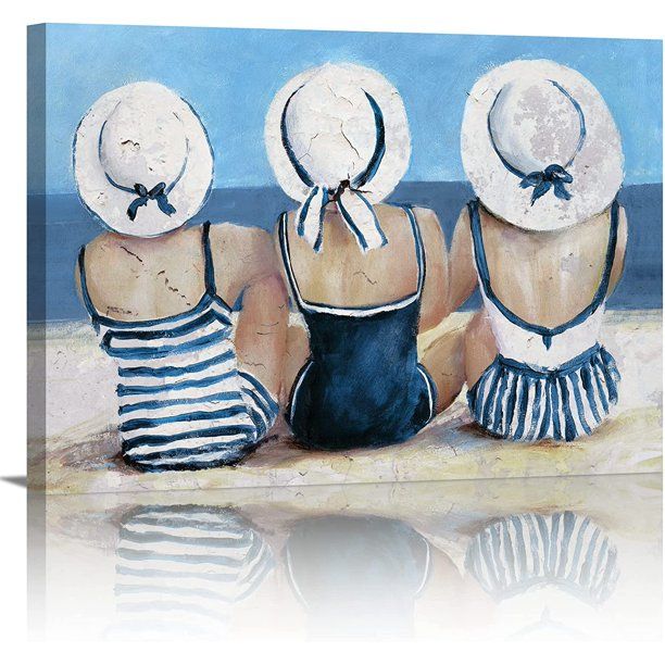 Photo 1 of Beach Wall Art Bathroom Decor Nautical Wall Decor Swimsuit Girls Pictures Bedroom Decor Coastal Beach House Decorations for Home Living Room Ocean Decor Blue Beach Themed Beauties Poster 12x18"