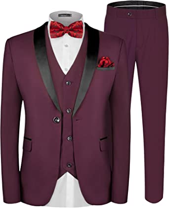 Photo 1 of MAGE MALE Men's Slim Fit 3 Piece Suit One Button Solid Shawl Lapel Blazer Jacket Vest Pants Set with Tie Pocket Square