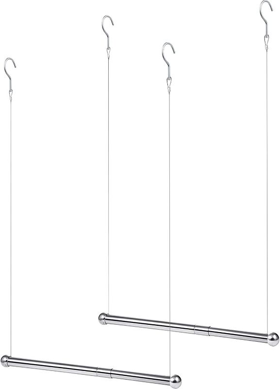 Photo 2 of 2 Pieces Hanging Closet Rod, Adjustable Width and Height, Clothes Hanging Bar Closet Organizer Rod Double Closet Rod Poles for Hanging Clothes Indoor Outdoor Closet Space-Saving (Stainless Steel)
