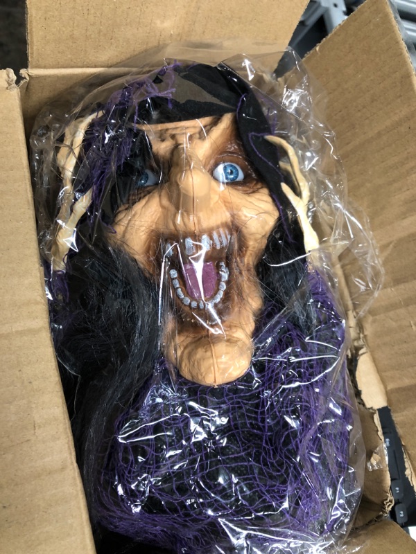 Photo 1 of  Halloween Hanging Witch with Scary Sound Effect and Red Eyes, Life Size Lighted Scream Witch, Halloween Haunted House Props Scary Decor, Theme Park Horror Layout Party Decoration