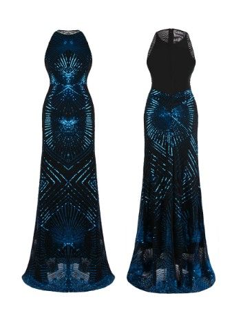 Photo 1 of Angel-fashions Women's Halter Sequin Art Deco Column Sparkle Long Evening Gown Floor Length Sequin Wedding Evening Party Maxi Dress High Neck Bodycon Mermaid Evening Cocktail Bridal Gowns Blue Large
