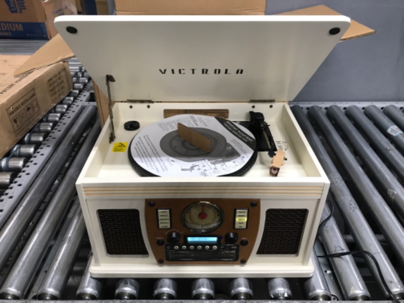 Photo 1 of Victrola 8-in-1 Bluetooth Record Player & Multimedia Center, Built-in Stereo Speakers - Turntable, Wireless Music Streaming, Real Wood | White White Entertainment Center